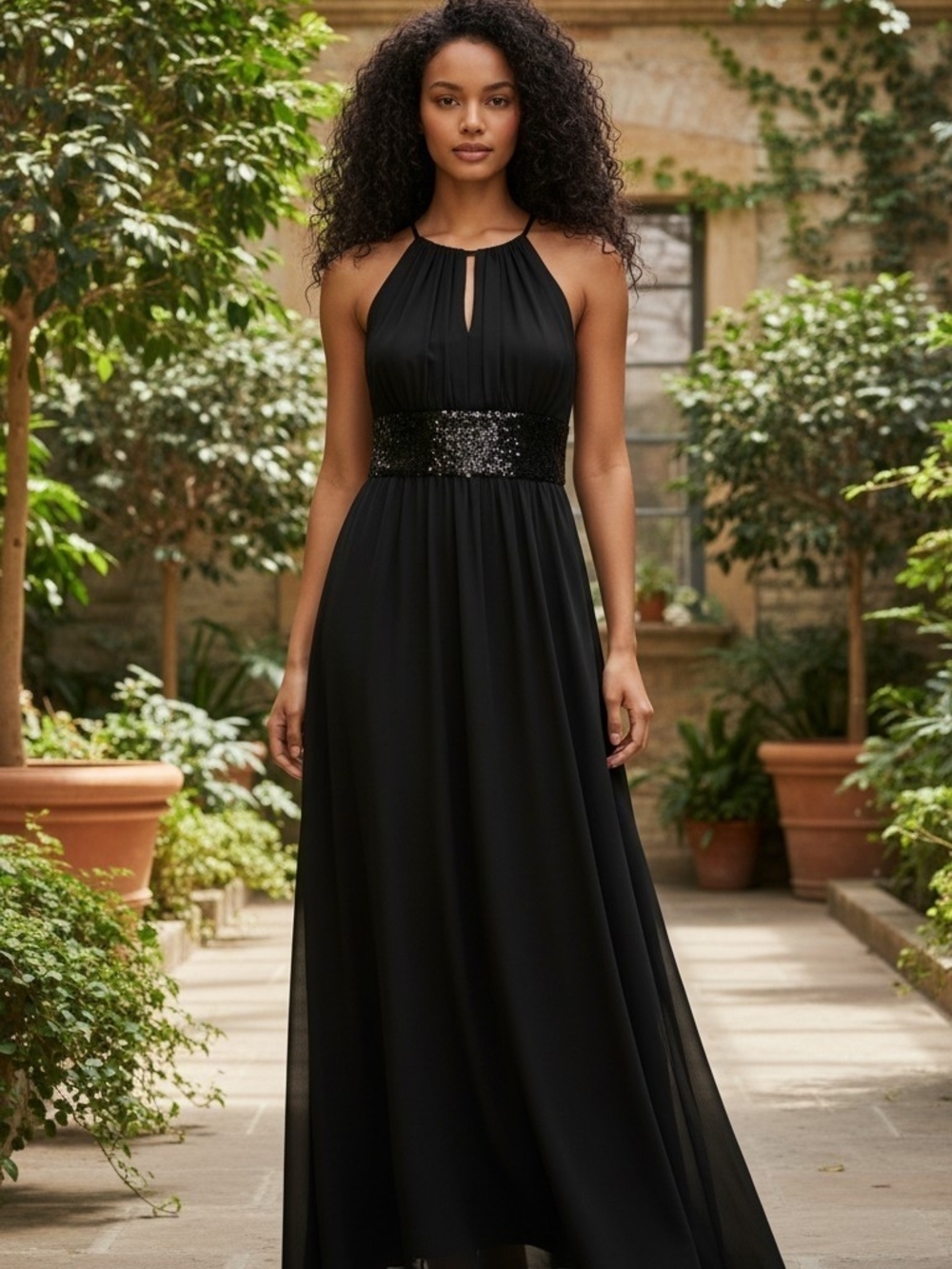 R&M Richards Black Sleeveless Maxi Dress with Sequin Waistband (6-8 size)
